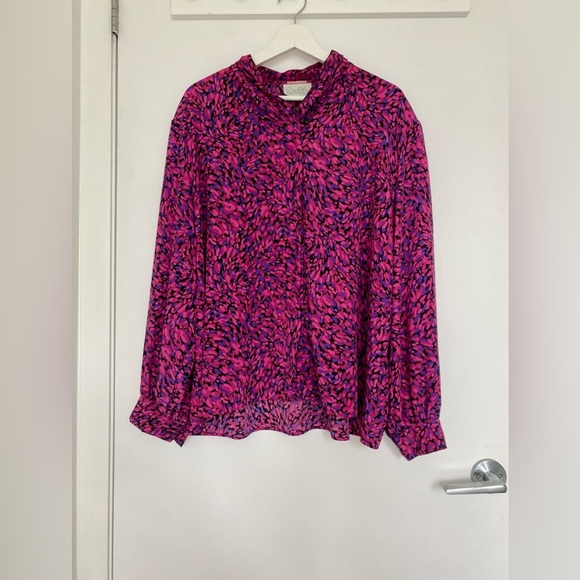 90s Vintage Magenta Flowy V-Neck Balloon Sleeve Blouse - Picture 3 of 6